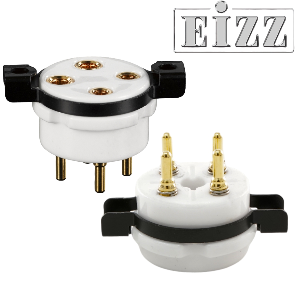 EZ-1104: EIZZ UX4, 4 Pin Chassis Mount Valve Base, Ceramic, Gold Plated, Ring Fixing 