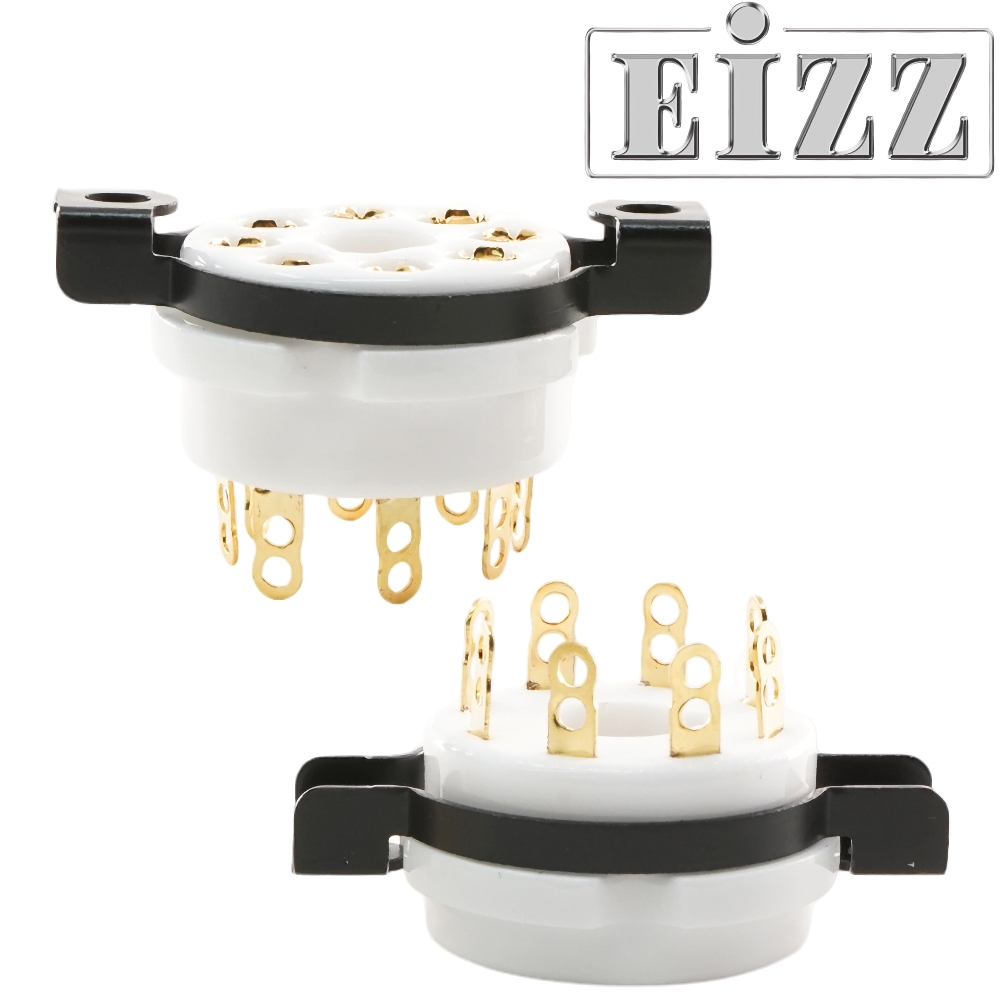 EZ-1108C: EIZZ Octal, 8 Pin Chassis Mount Valve Base, Ceramic, Gold Plated, Ring Fixing, PCB tags