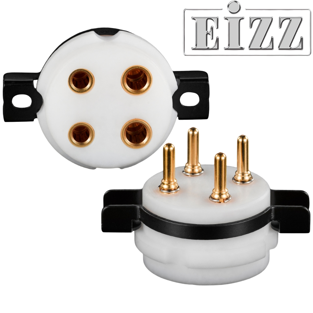 EIZZ EZ-1204 UX4, 4 Pin Chassis Mount Valve Base, Teflon, Gold Plated, Ring Fixing