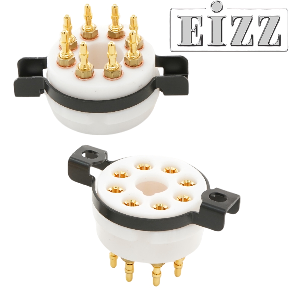 EZ-1208A: EIZZ Octal, 8 Pin Chassis Mount Valve Base, Teflon, Gold Plated, Ring Fixing