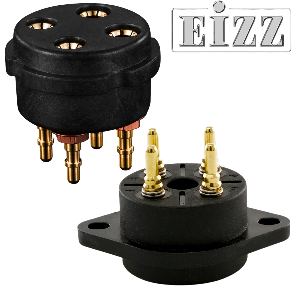 EZ-1304: EIZZ UX4, 4 Pin Chassis Mount Valve Base, One piece Composite Plastic, Gold Plated