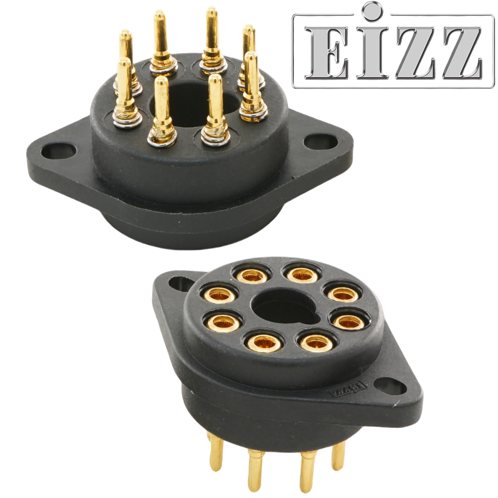 EZ-1308: EIZZ Octal, 8 Pin Chassis Mount Valve Base, One piece Composite Plastic, Gold Plated