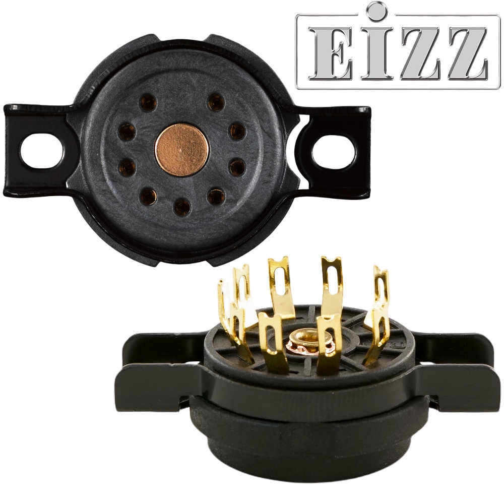 EZ-1309: EIZZ B9A, 8 Pin Chassis Mount Valve Base, Composite Plastic, Gold Plated, Ring Fixing