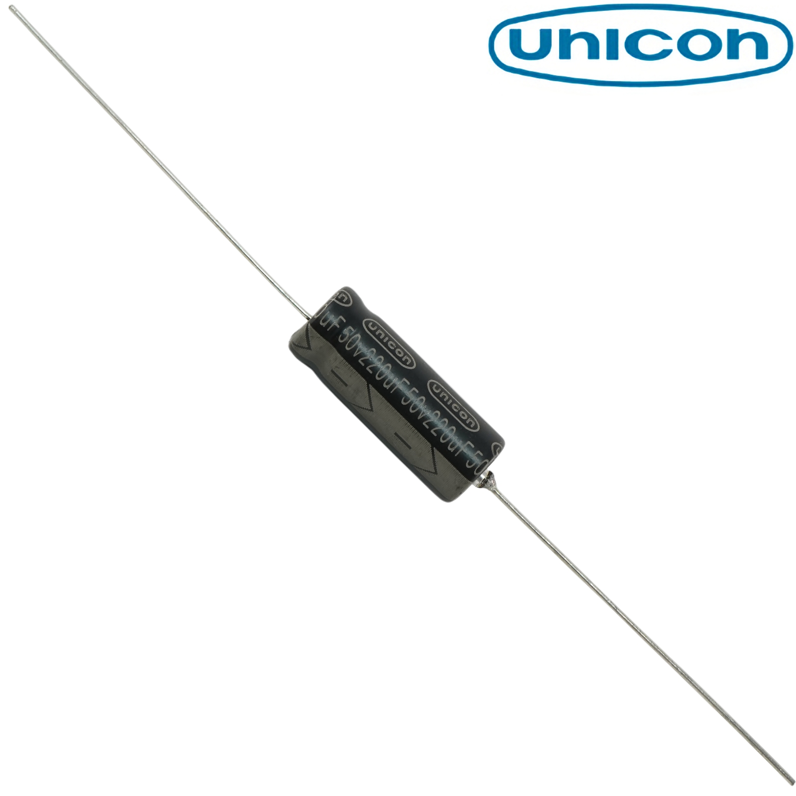 FUT1H221M: 220uF 50Vdc Unicon Axial Electrolytic Capacitor