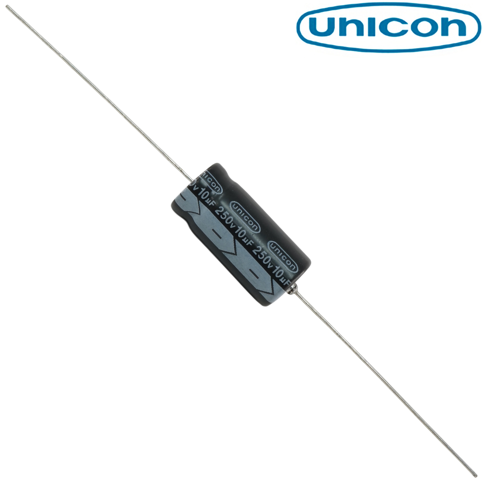 FUT2E100M: 10uF 250Vdc Unicon Axial Electrolytic Capacitor