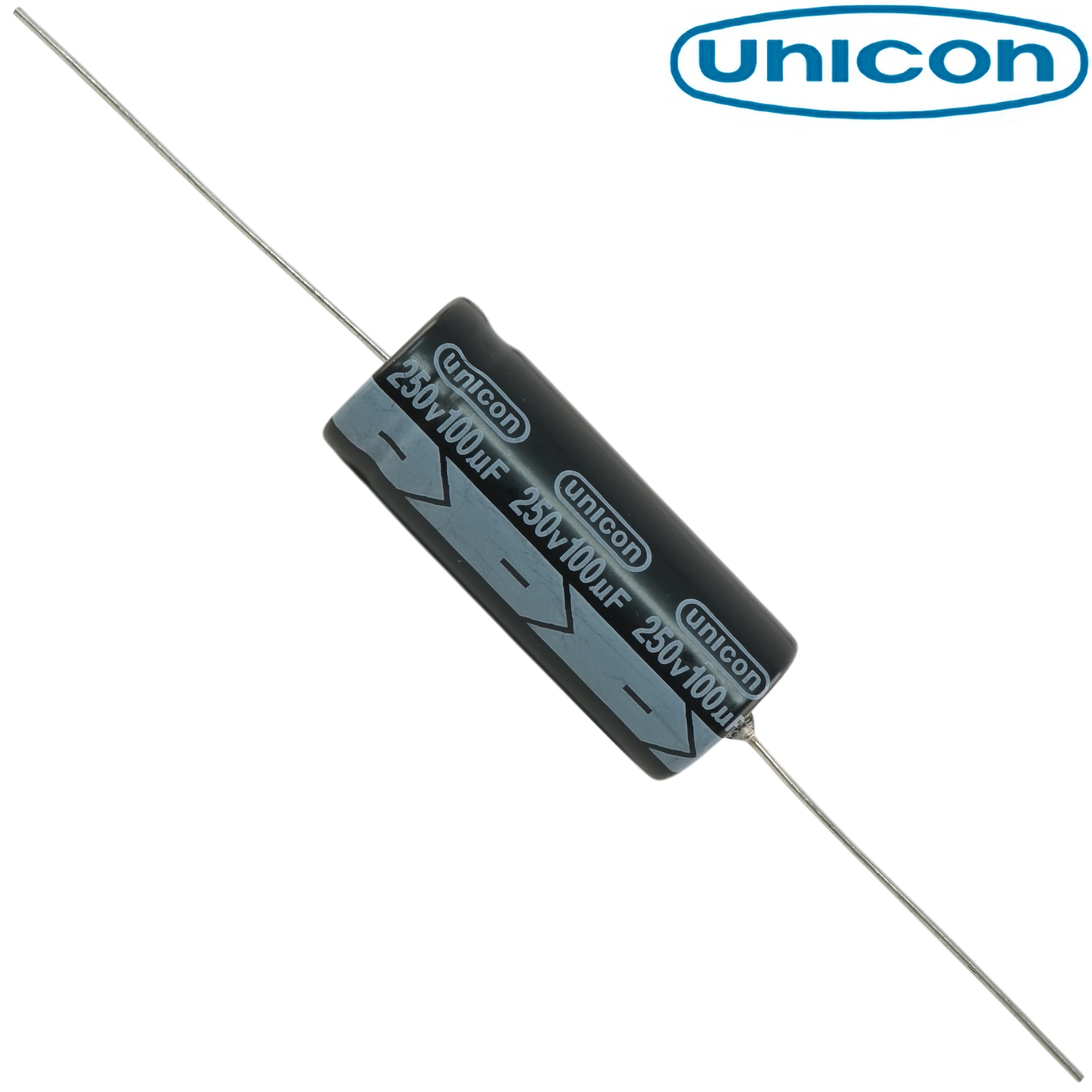 FUT2E101M: 100uF 250Vdc Unicon Axial Electrolytic Capacitor