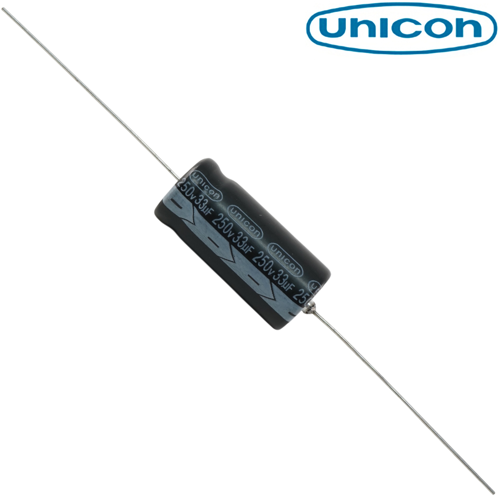 FUT2E330M: 33uF 250Vdc Unicon Axial Electrolytic Capacitor