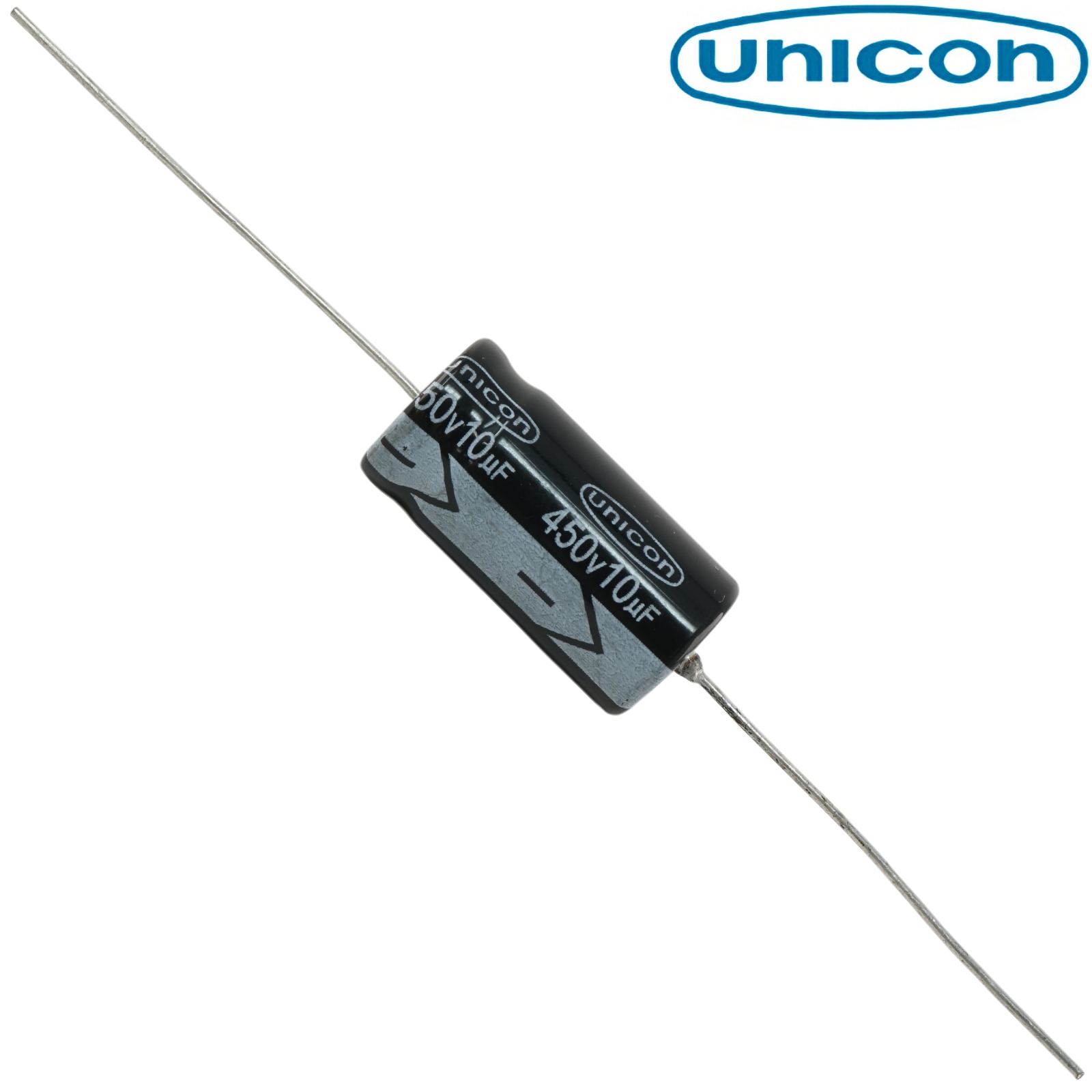 FUT2W100M: 10uF 450Vdc Unicon Axial Electrolytic Capacitor