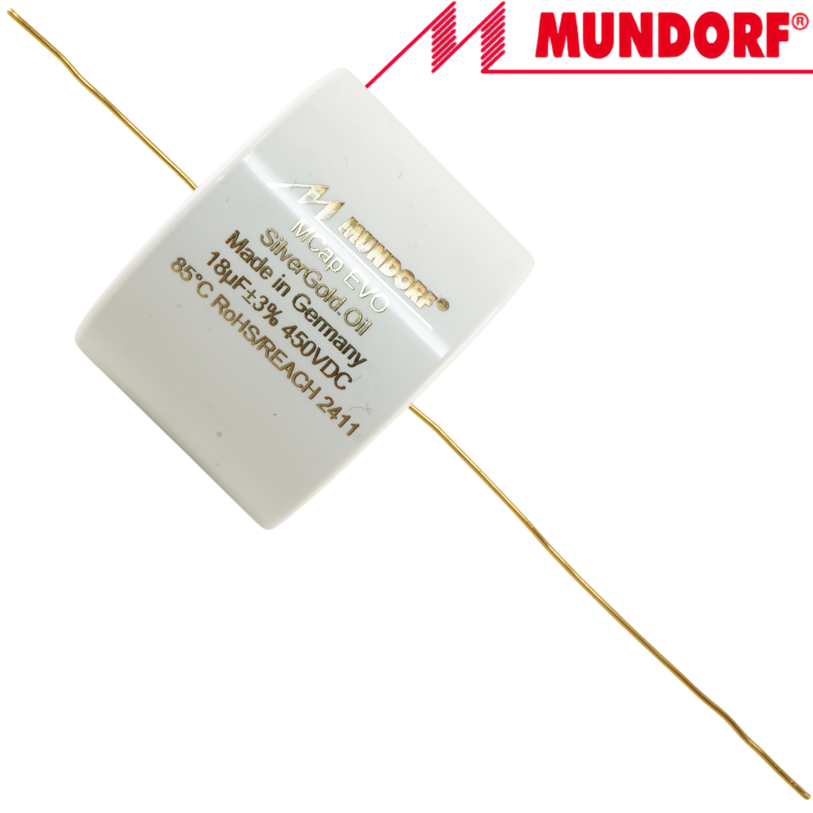 MESGO-18T3.450: 18uF 450Vdc Mundorf MCap EVO Silver Gold Oil Capacitor