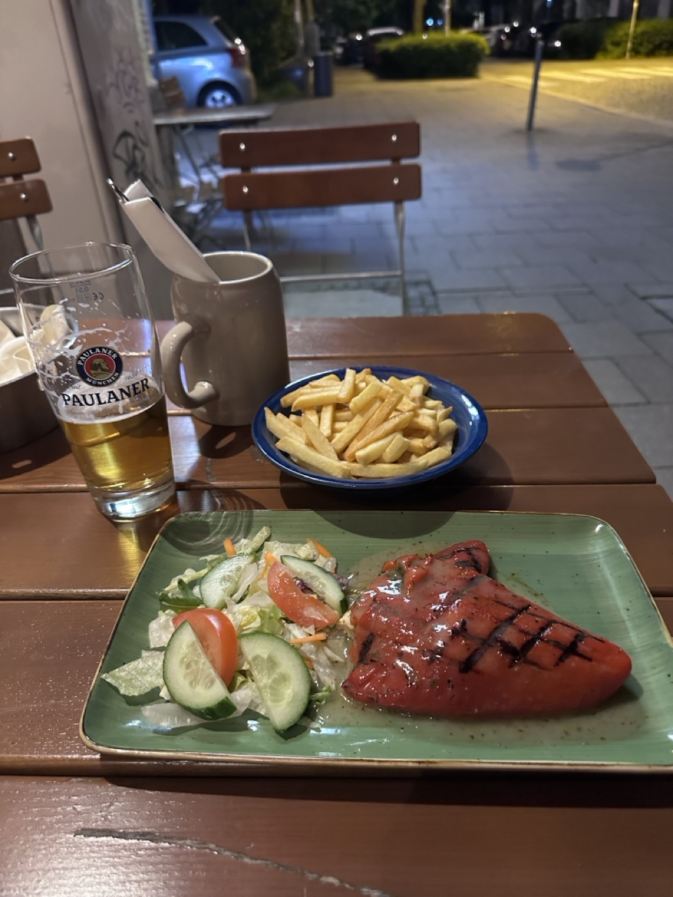 After a very long day, I enjoyed a hearty meal at a local bar down the road. Can you guess what the red item is on my plate?